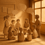 Cardboard cut out art depicting a group of school pupils with teaching staff practising Oracy skills while sitting in a circle