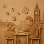 Cardboard cut out artwork of a tutoring lesson with London landmarks behind them