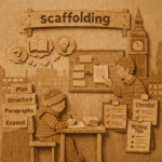 A cardboard cut out image showing a teacher working with a student, using scaffolding techniques to help with the student’s writing technique