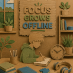 Textured cardboard collage illustration of a teenager studying at a desk with books, an analogue clock, plants and notebooks, alongside the cardboard message “Focus Grows Offline”, promoting screen-free ways to improve concentration and study habits.