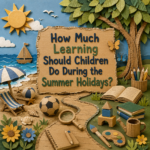 How Much Learning Should Children Do During the Summer Holidays? Cardboard collage illustration of a sunny summer landscape featuring a beach, books, nature and learning activities surrounding the title "How Much Learning Should Children Do During the Summer Holidays?", highlighting a balanced approach to summer learning through play, reading and exploration.